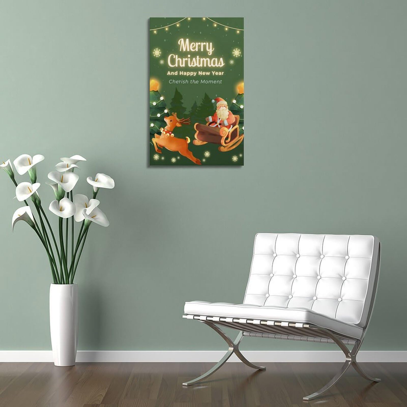 ZlXXYZ Poster su tela per decorazione moderna per famiglia e ufficio, poster natalizio con sfondo verde, doppio poster per festival con slitta di renne, doppia celebrazione, 40 x 60 cm, con cornice