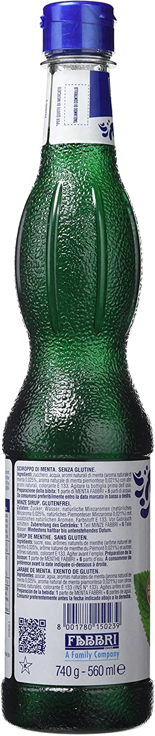 Fabbri Sciroppo Menta Jarabe de menta Piamontesa, ideal para cócteles y bebidas, bebidas sin alcohol, PET 560 ml
