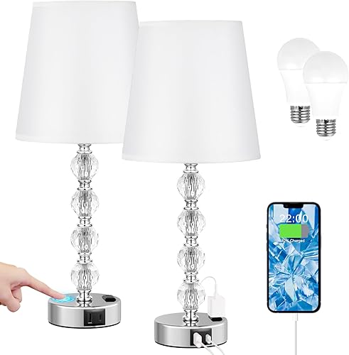 Acaxin Juego de 2 lámparas de mesa de noche, de cristal, grandes, para dormitorio, sala de estar, con puerto USB C y salida de corriente alterna, 3