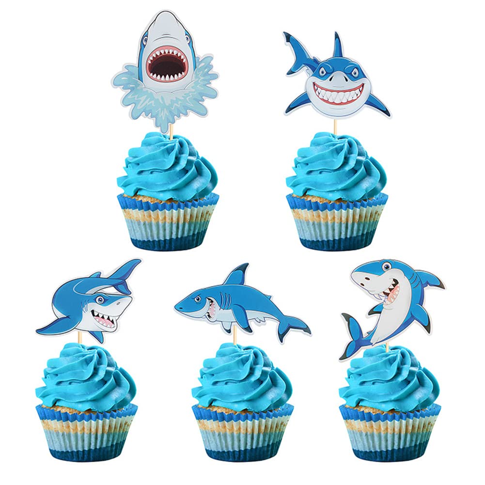 MEMOVAN Shark Cupcake Toppers 30pcs Shark Cake Picks Ocean Sea Cupcake Topper Shark Cupcake Cake Decorations for Kids Shark Ocean Theme Birthday Baby