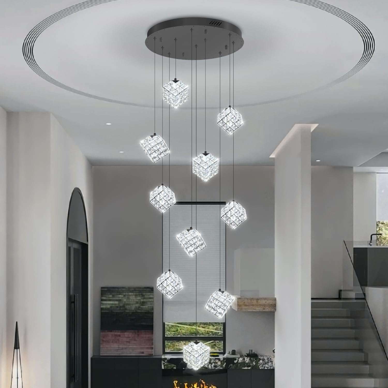 10-Lights LED Staircase Chandelier Modern Foyer Chandeliers Large Chandelier for High Ceilings,Crystal Pendant Light for Living Room Stairwell Dining Room Entryway Black 10-Lights