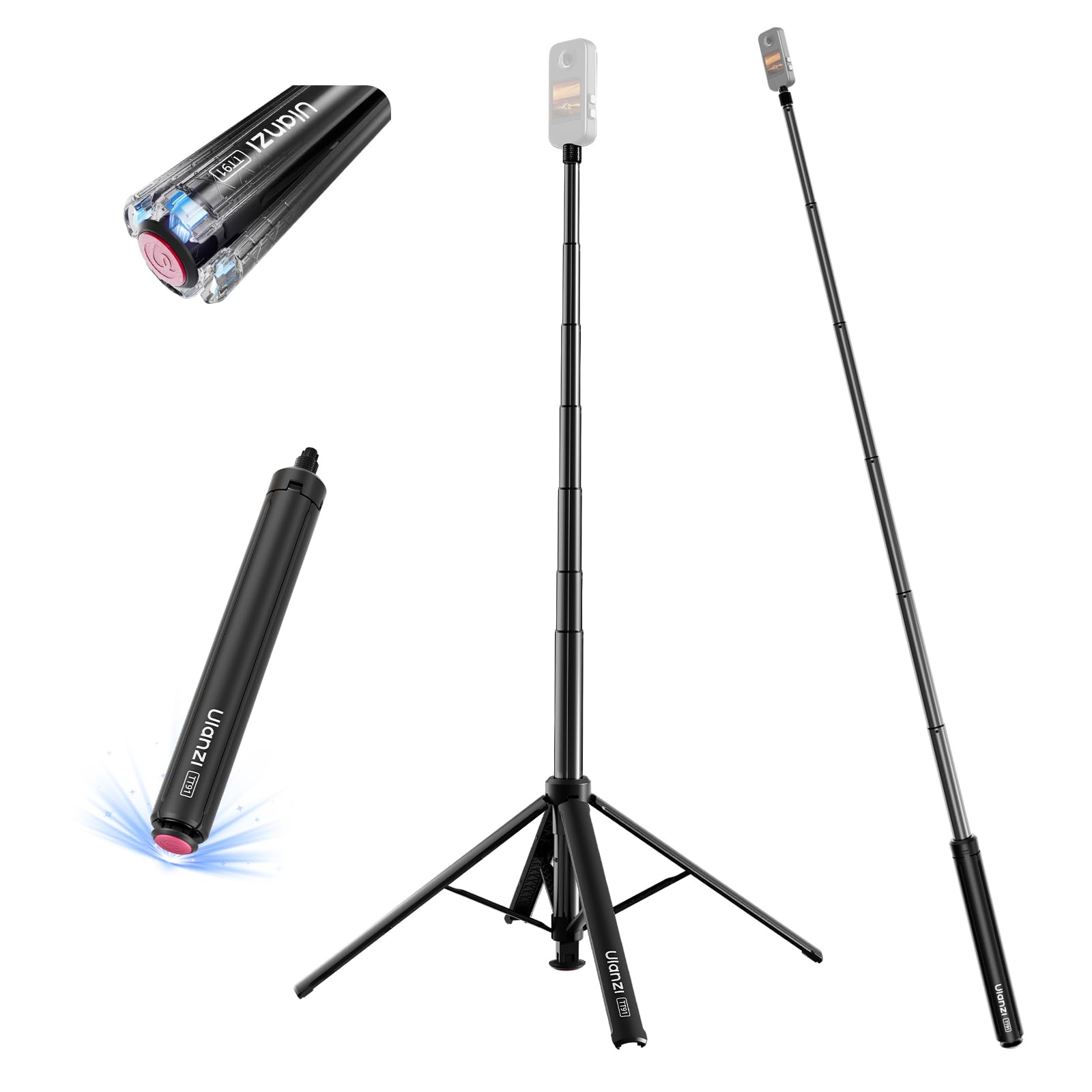 ULANZI TT91 Niewidoczny Statyw-Selfie Stick, automatyczne rozkładanie i magnetyczne zamykanie, 4 nogi, 2 w 1, 8-sekcyjny wysuw do 166 cm, uchwyt 1/4" do Insta360 X5/X4/X3/DJI Osmo 360