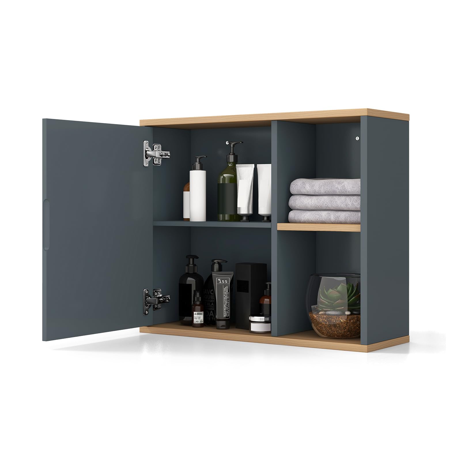 LIFEZEAL Armario de Pared para Baño con Espejo, Armario de Madera, Armario con Estante Ajustable, Organizador con Espacio Abierto, 60 x 20 x 52 cm