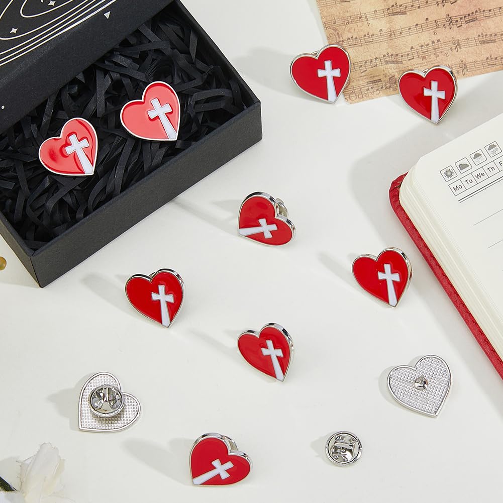 SUPERFINDINGS 30 pines de cruz de corazón rojo a granel, broche religioso cristiano esmaltado cruz, broche de solapa de metal, broche de corbata, regalo para iglesia, funeral, escuela dominical