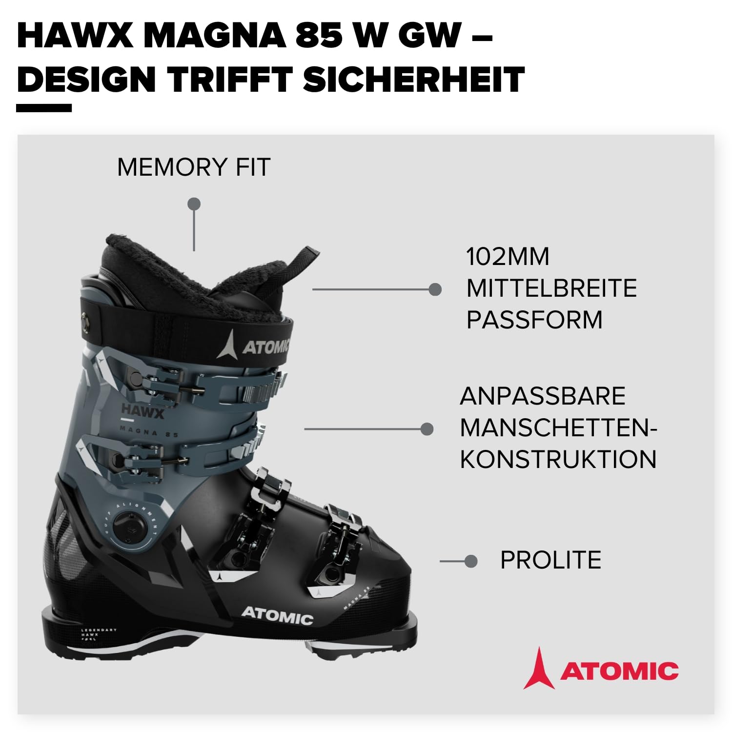 ATOMIC Hawx Magna 85W GW Skischuhe - Größe 24/24.5 - Alpin-Skischuh für Damen in Black/Storm/Ivory - 102mm breite Passform - Stabile Prolite Konstruktion - Memory Fit für präzisen Sitz