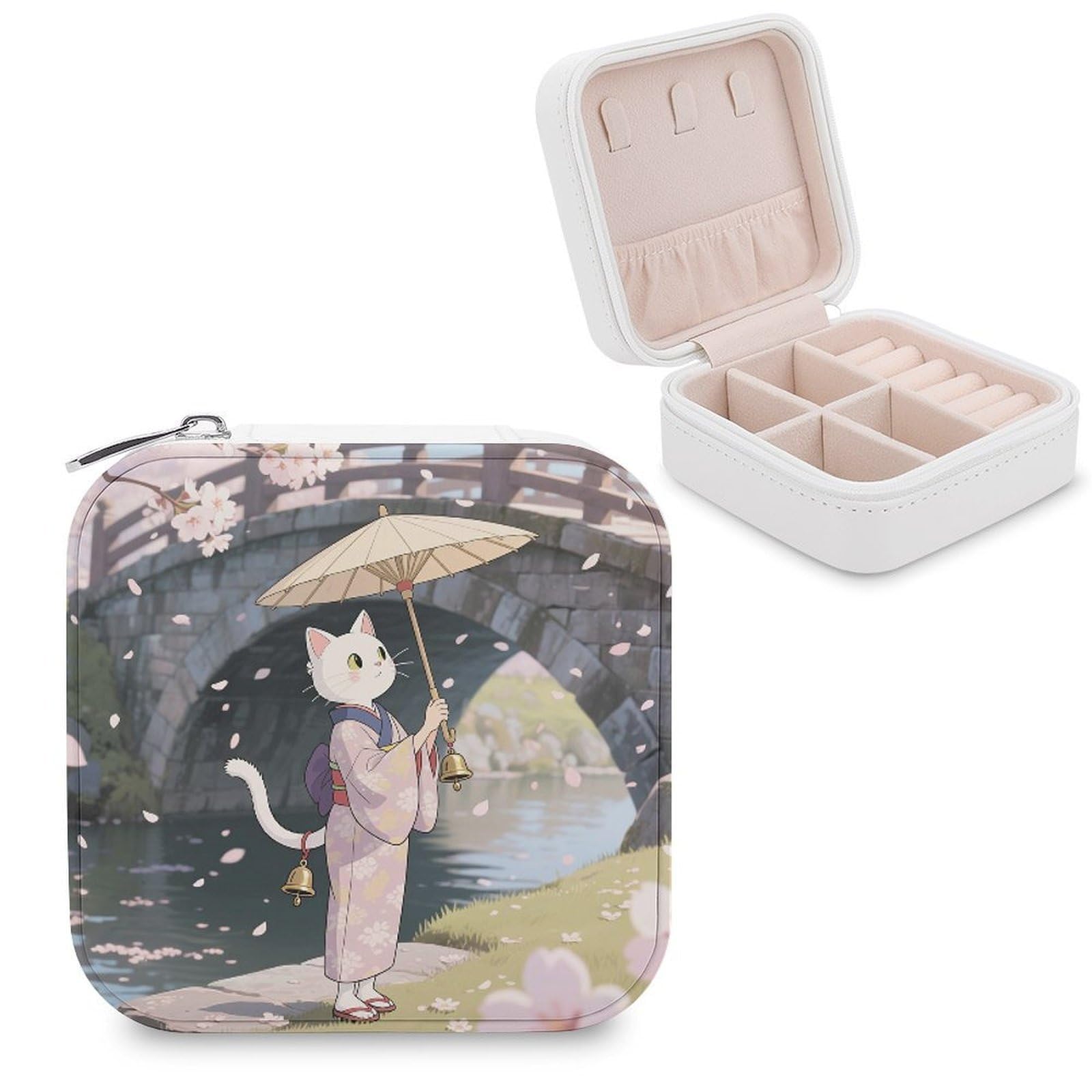 VstaDank Kimono Wearing Witch Cat Jewelry Box for Women Jewelry Organizer Storage Case with Zipper Mini Travel Jewelry Case Cute Trinket Organizer Leather Portable Jewelry Storage Box