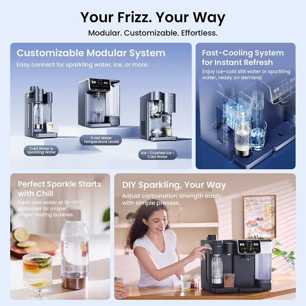 JIMMY Matrix S9 Machine à eau gazeuse froide, sodateur domestique à 3 niveaux de gazéification, bouteille 1L sans BPA, compatible avec les bouteilles de CO2 standard, pour eau gazeuse et boissons