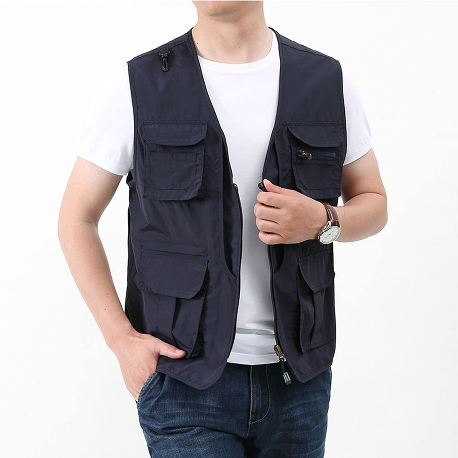 Chaleco para Hombre Chaleco Sin Mangas con Multibolsillos Chaleco De Pesca Exteriores Chaleco De Viaje Transpirable De Verano Chaqueta De Fotografía Utilitario