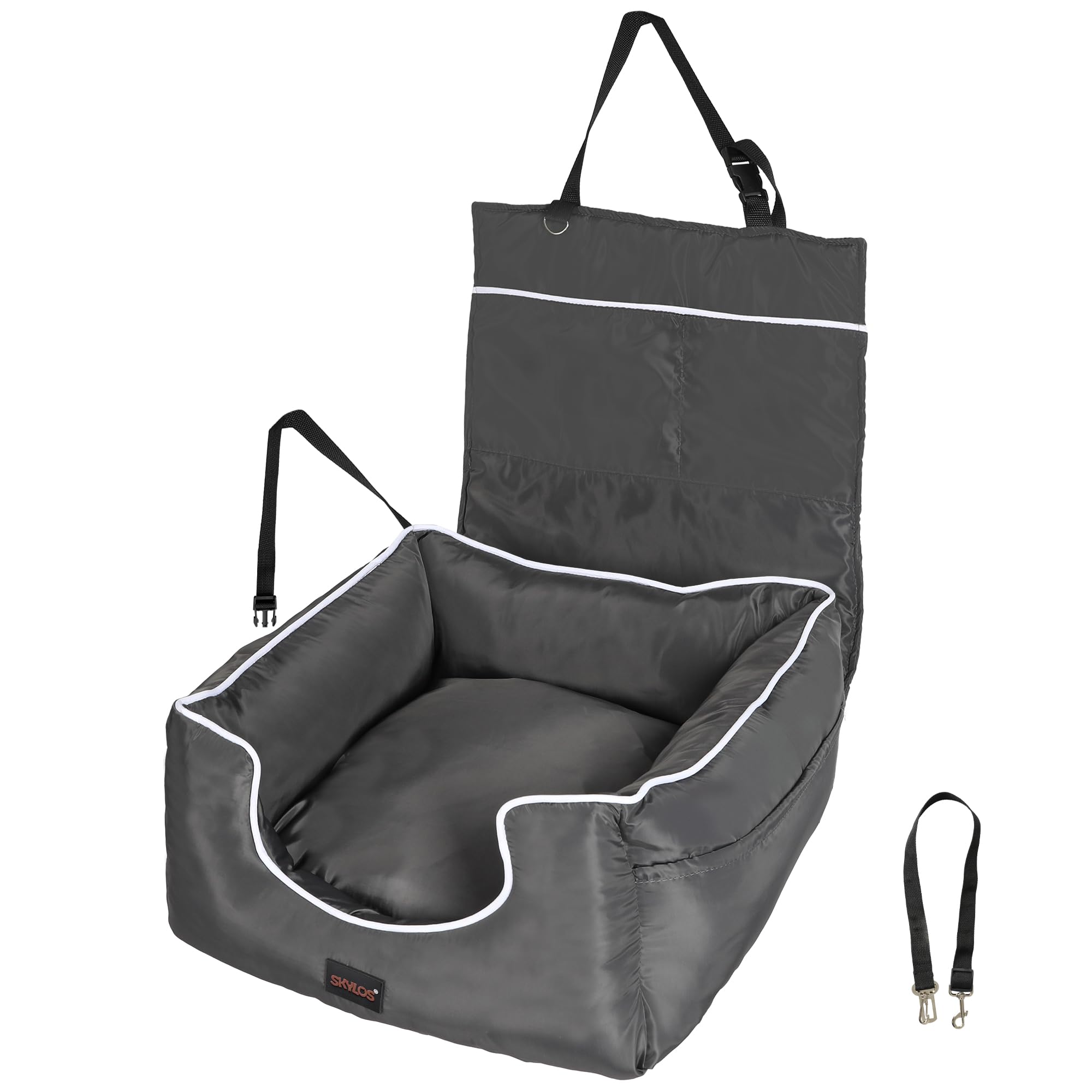 Skylos Dog Car Seat for Small Medium Dogs Puppy,Pet Booster Rear Seat with Storage Pockets Safety Leash, Detachable Washable Waterproof,Suitable for Most Cars Grey