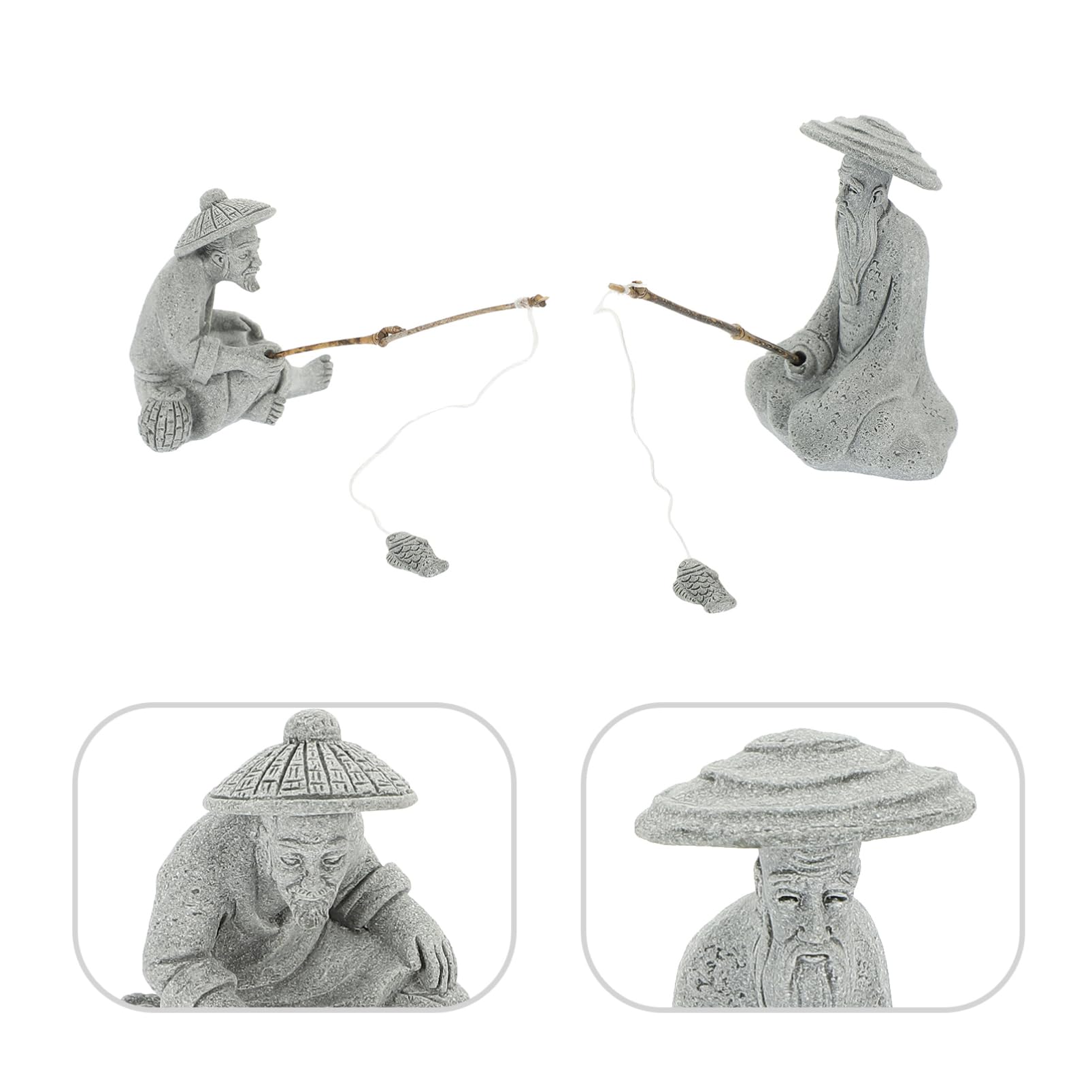 POPETPOP Sandstone Fisherman Statue Set 2.56 Inch Mini Fishing Figurines Aquarium Ornaments for Fish Tank Bonsai Garden Decoration - Image 2