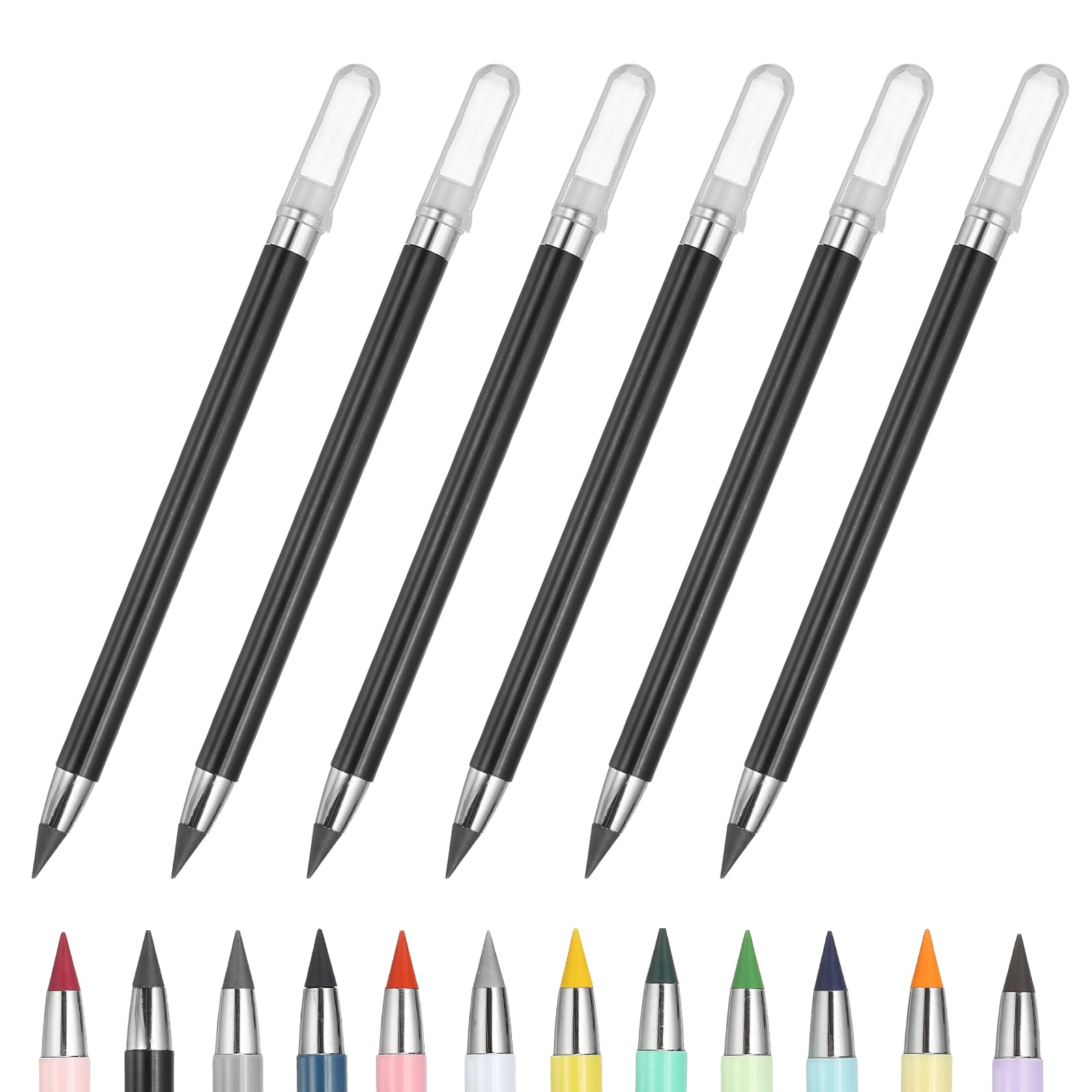 PATIKIL Forever Pencil, 6 Pcs Mechanical Sharpened Cute Metal Pencils Set for Coloring Book Sketch Drawing Writing Art Beginner, Black