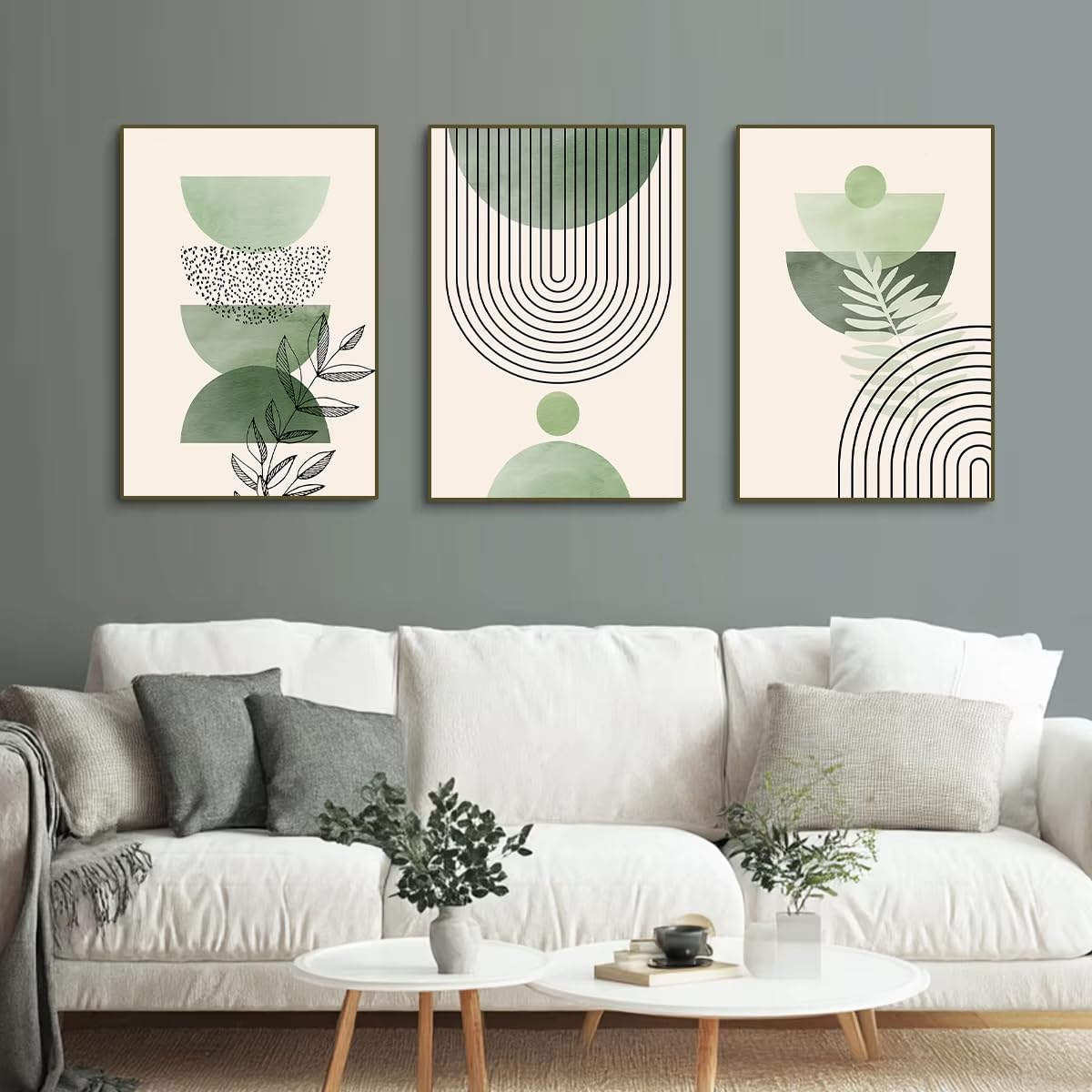 IHHGNB Boho szałwia zielone liście geometryczny plakat na płótnie minimalistyczny abstrakcyjny obraz ścienny do dekoracji wnętrz (50 x 65 cm 20 x 26 cali bez ramki)