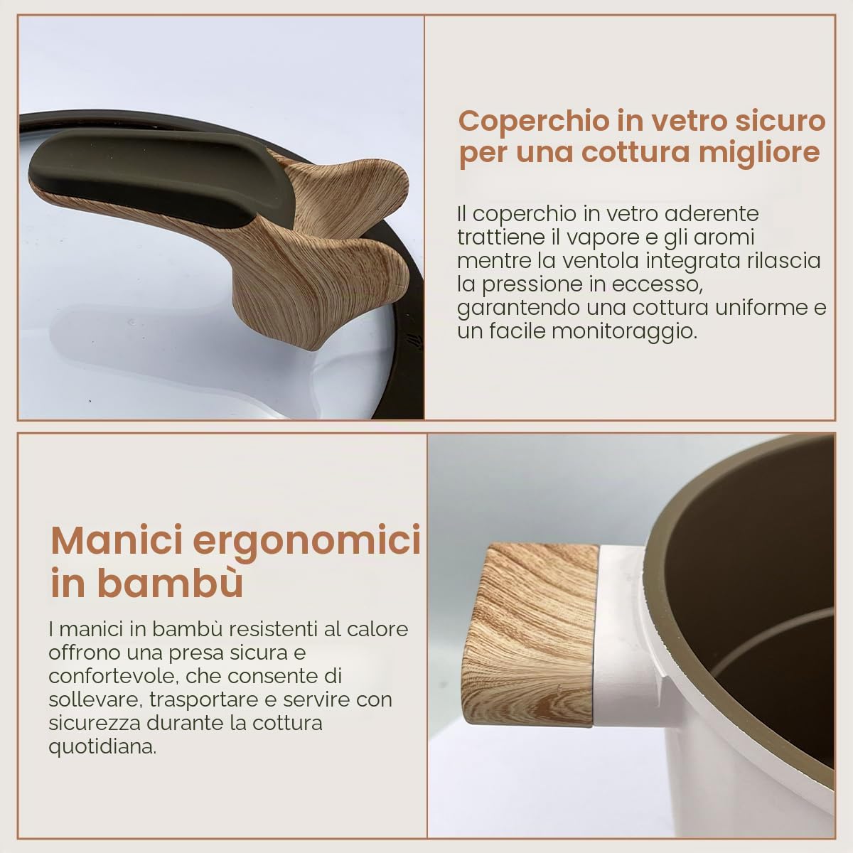 Royal Swiss Pentola per cuocere a vapore per cucinare in modo sano, 24 cm, in acciaio inox, con coperchio in vetro, manici in bambù, adatta a piani cottura a induzione, calore uniforme, facile da