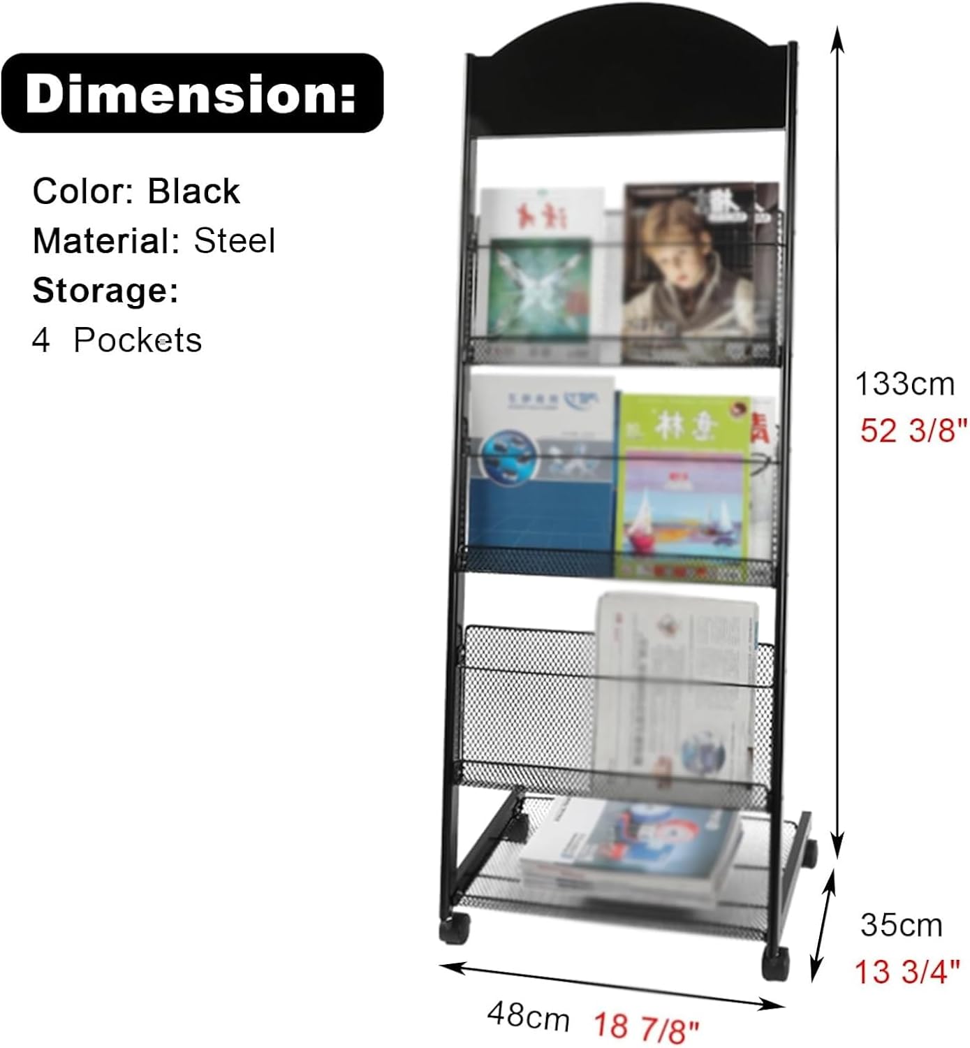 Black Magazine Information Rack Wheels, Vertical File Brochure Display Stand for Offices/Exhibitions, Commercial Literature Shelf Holder