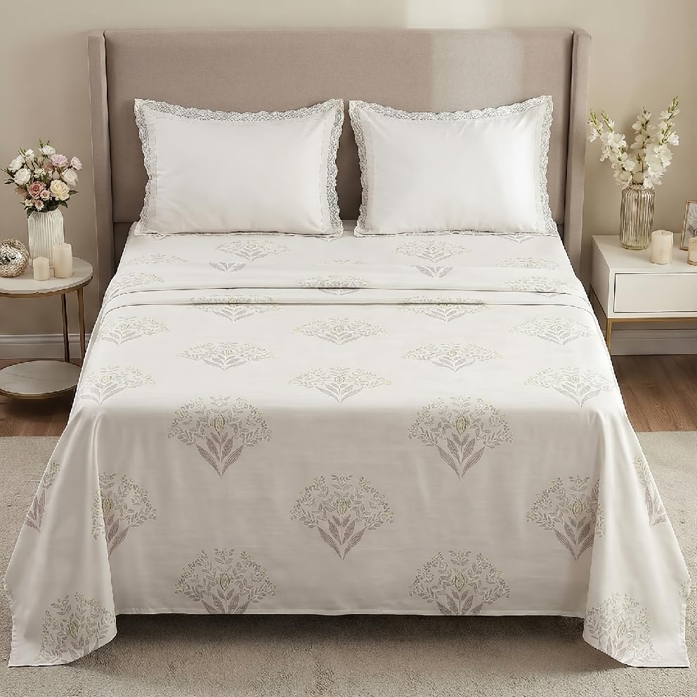 Elan Dreams Floral Print Bedding Set with Lace Border, Light Cream Colour, Double Size 2