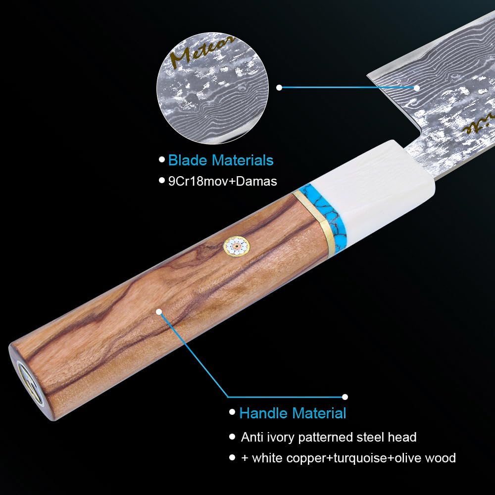 Meteorite Gyuto Japanese All-Purpose Knife, For Meat & Vegetable Prep, Hand-Hammered Starry Damascus, Convex Grind Edge, Olive Wood Handle – Chef Gift IceRaven 210mm