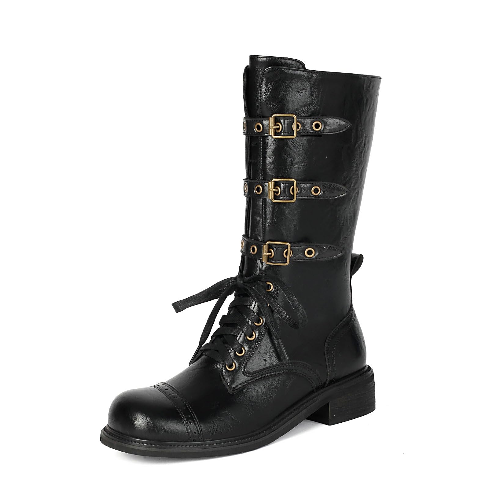 Womens Mid Calf Combat Boots Adjustable Belt Buckles Lace Up Chunky Low Heel Shoes Perforated Round Toe Fall