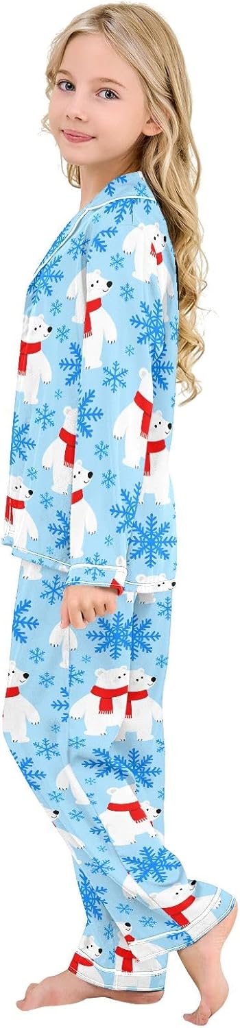 Kids Casual Satin Wear Set White Bear Blue Pattern Unisex Relaxed Fit Clothing