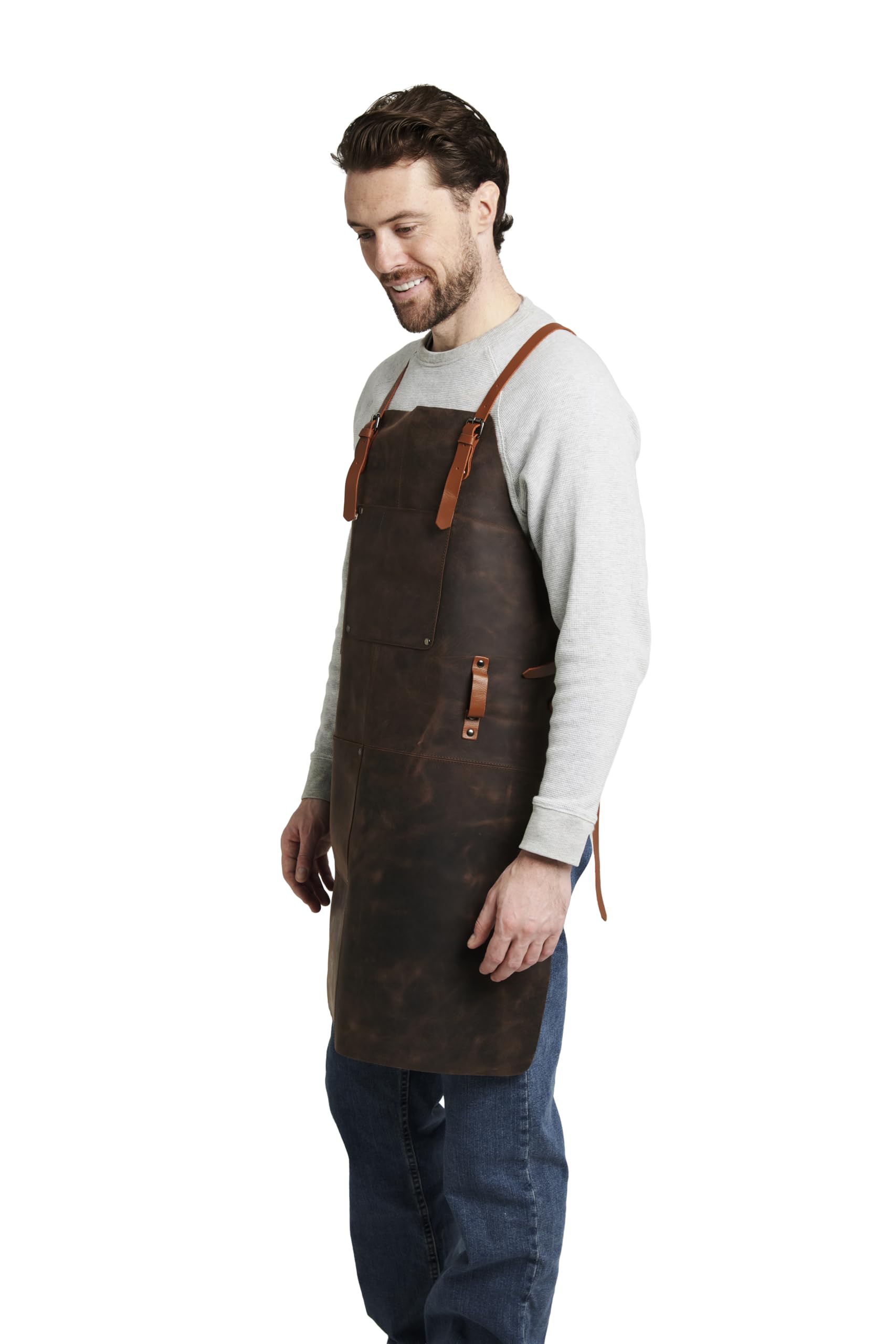 Theodore Grembiule in Pelle – Design Incrociato per Comfort Massimo, Perfetto per Barbecue, Cucina e Lavoro, con 2 Tasche Pratiche