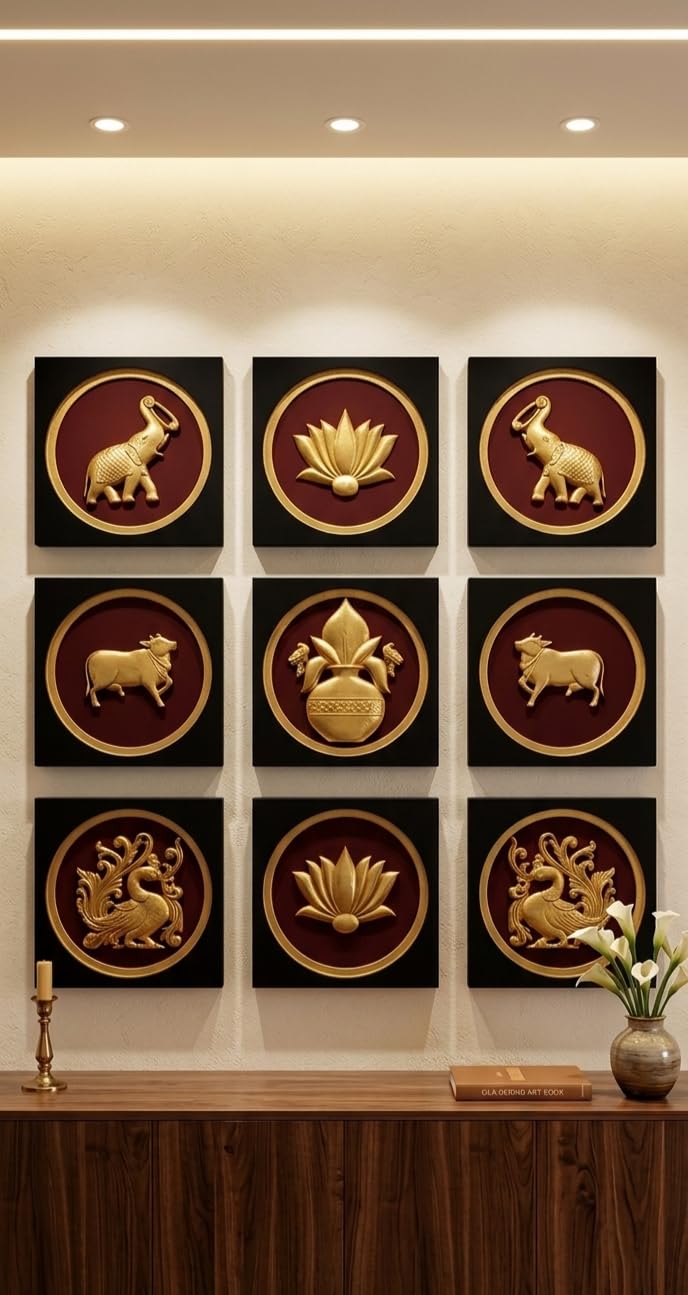 Kaladhar Krafts Set of 9 Decorative Wall Motifs, Traditional Indian Art, Black, Gold and Green, Home Decor Panel, Each size 8×8 inches, Hdhmr wood, Handcrafted-picture-24
