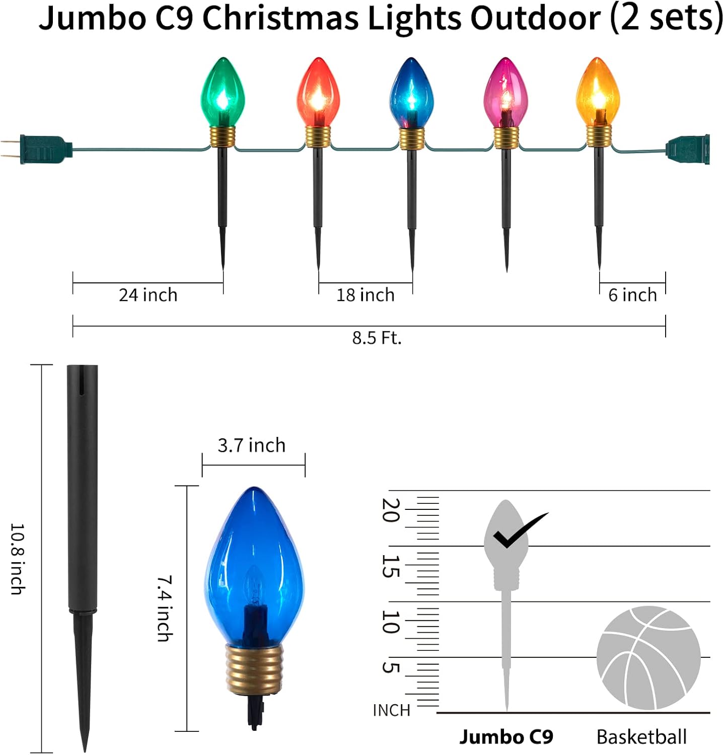 Free Shipping Offer Jumbo C9 Christmas Lights Outdoor Decorations Lawn with Pathway Marker Stakes, 6 Feet C7 String Lights Covered Jumbo Multicolored Light Bulb, for Holiday Time Outside Yard Garden Decor (2 Pack)