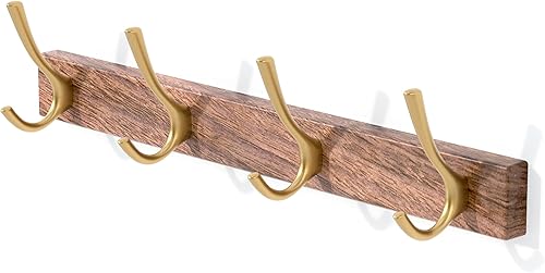 Perchero de madera de nogal de 17 pulgadas con 4 ganchos dobles dorados, ganchos de entrada montados con adhesivo, modernas clavijas de madera