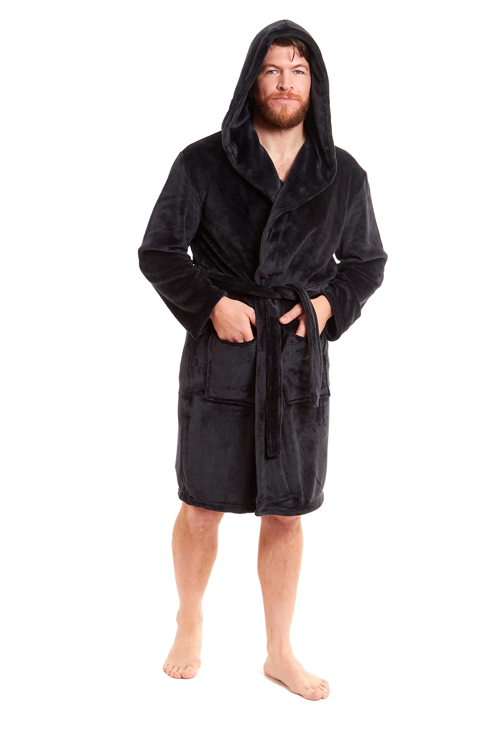Toro Rocco Men's Black Hooded Robe Super Soft Long Flannel Fleece Bathrobe Dressing Gown For Bath Robes (, M)