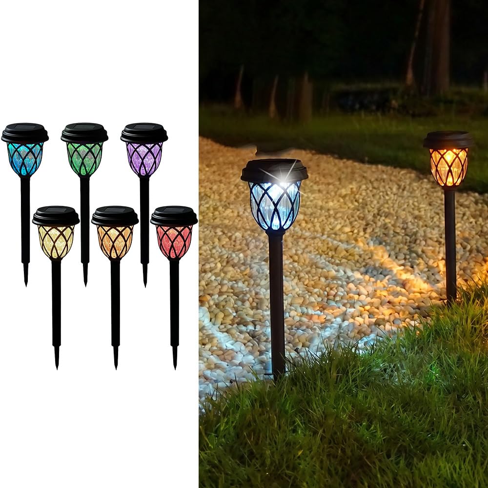 YOFHPT 6 PCS Solar Stake Lights Garden, Colour Changing Solar Lights Outdoor Garden Stake Waterproof, Sola-r Garde-n Sta-ke Ligh-ts, Sola-r Pathway Lig-hts for Gar-den, Pathway, Driveway Lighting