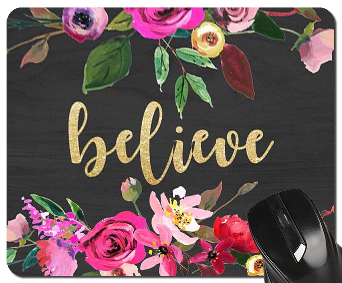 Inspirational Quote Believe Pink Watercolor Floral on Faux Wood Mouse Pad Teacher Mousepad Womens Desk Accessories Office Gifts, 7.8x9.4 inch