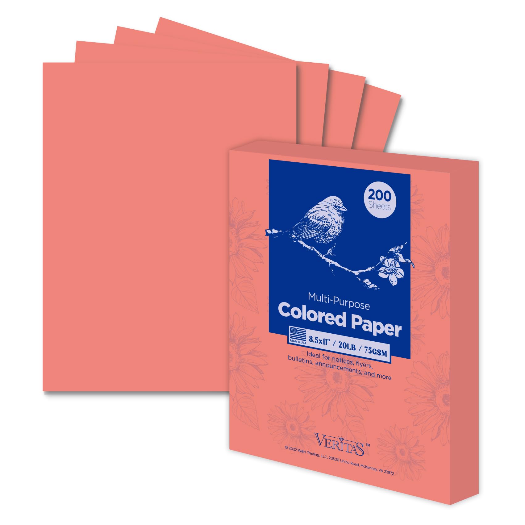 WritePads Veritas Colored Copy Paper, Multi-Purpose paper, Colored Printer Paper 8.5” x 11”, 20 lb / 75 GSM,Salmon,200 Sheets (1 Reams)，Made in USA