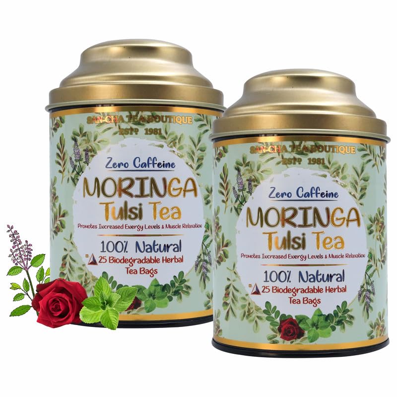 Image of Sancha Tea Boutique, Moringa Tulsi Tea, Caffeine Free Herbal Tisane, 25 Pyramid Bags, Hebal Tisane for Energy (Pack of 2)