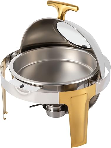 Juego de bufé de platos con tapa enrollable, color dorado, 6.3 cuartos de galón con ventana visible, juego de calentadores de bufé de acero