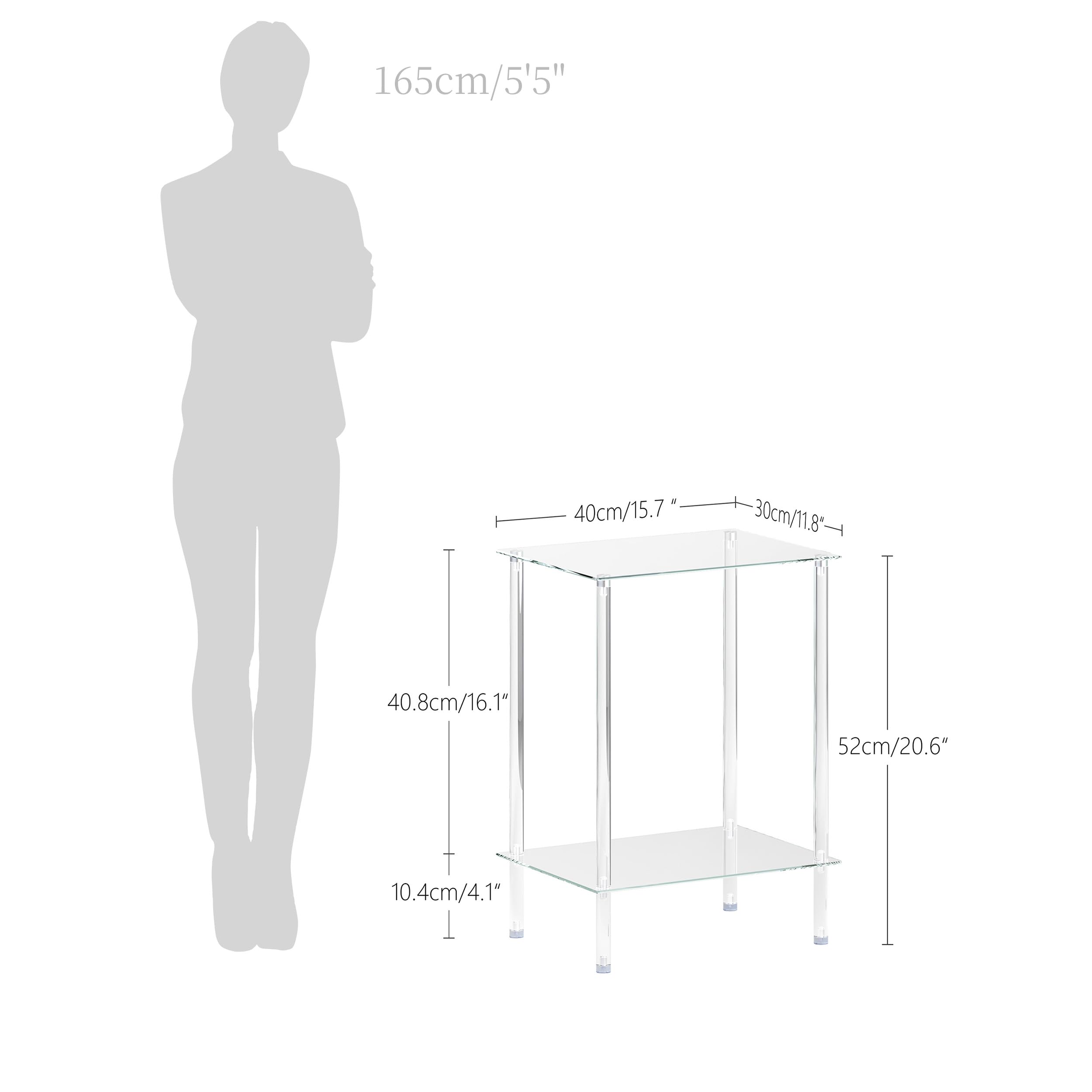 Moderner Beistelltisch Glas Eckig Transparenter Tisch mit 2 Ablagen Nachttisch Glastisch Side Table für Wohnzimmer Schlafzimmer LET518TR