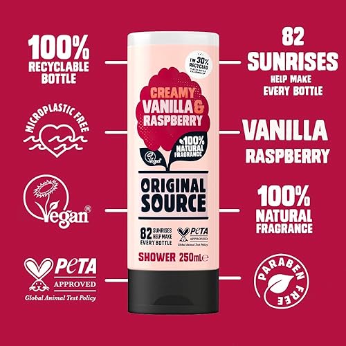 Miniatura 2 de Original Source Gel de ducha de vainilla y frambuesa, fragancia 100% natural, vegano, libre de crueldad, sin parabenos, compra a granel, paquete de