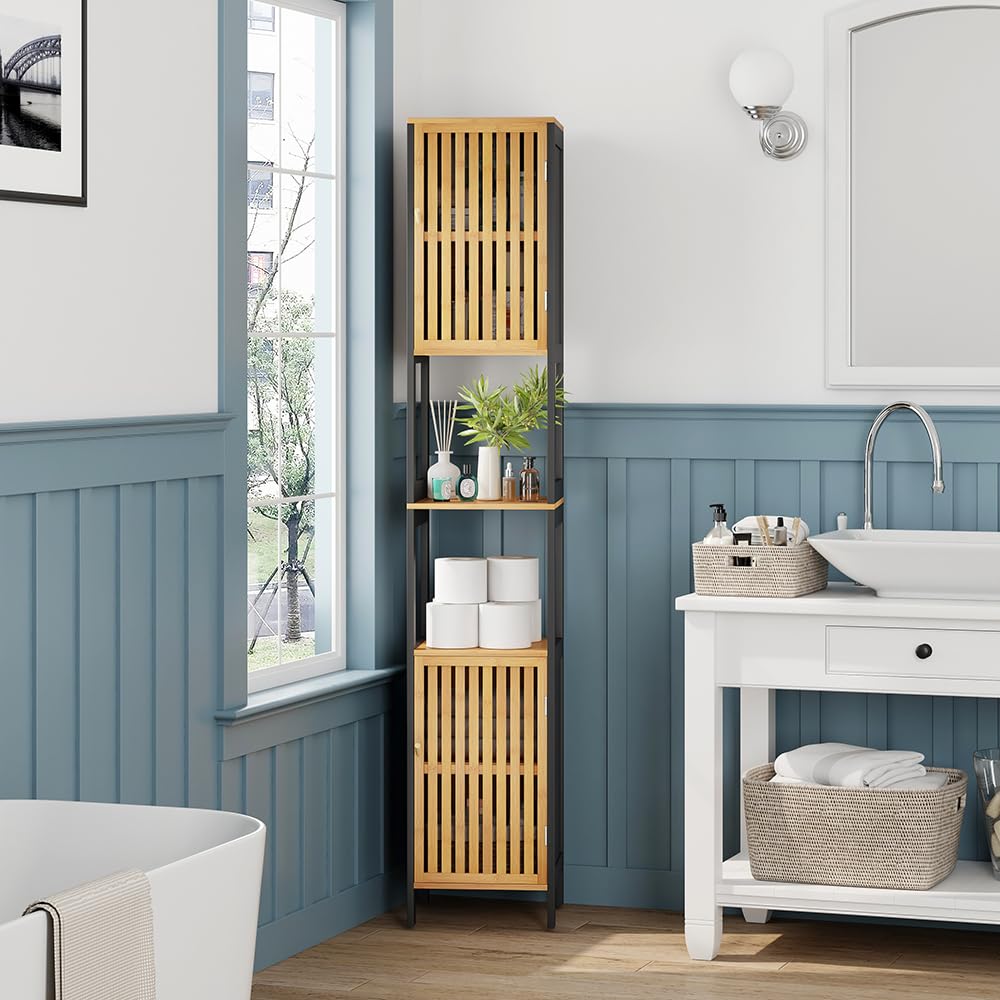Colonne Rangement Salle de Bain/Meuble de WC - Gain de Place, Noir et Bois Clair – Structure MDF + Bambou Véritable – Finition Bois Naturel – Déco Zen, Idéal pour Toilettes et Salle de Bain