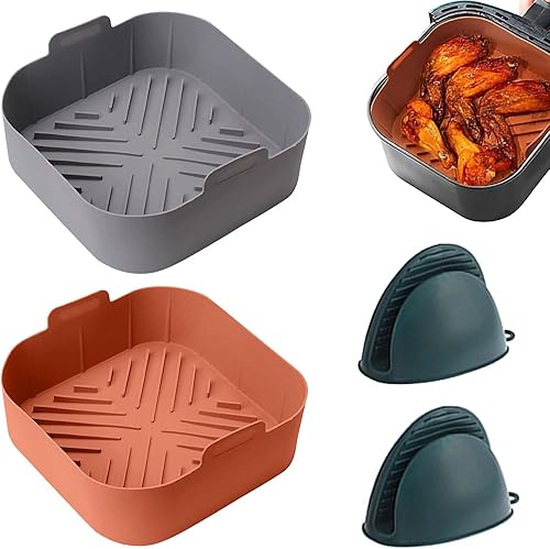 2 forros cuadrados de silicona para freidora de aire, forros reutilizables de silicona de 8.1 pulgadas, cuadrados con guantes antiquemaduras,