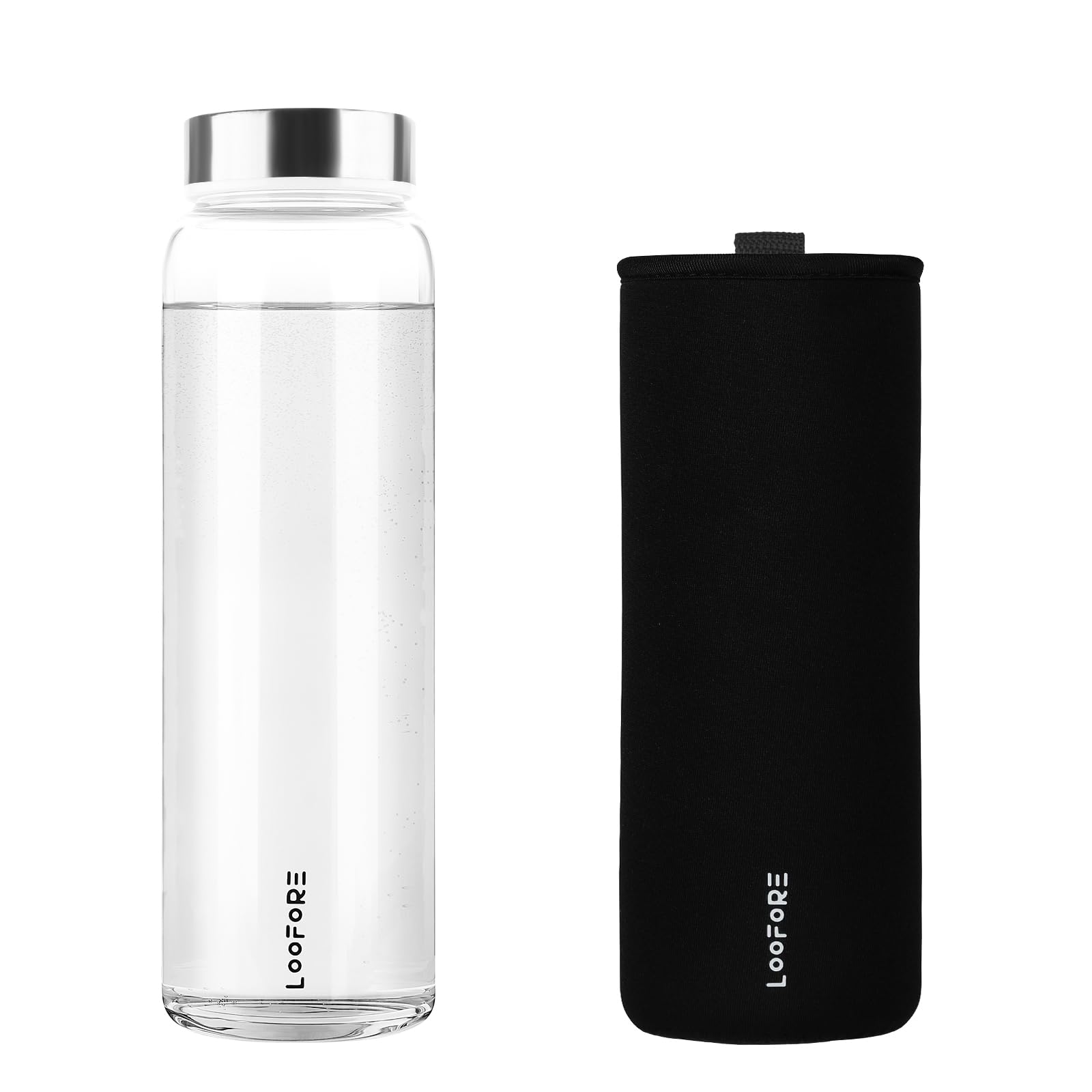 LOOFORE Glass Water Bottle 1000ml 1L with Wide Mouth and Neoprene Sleeve