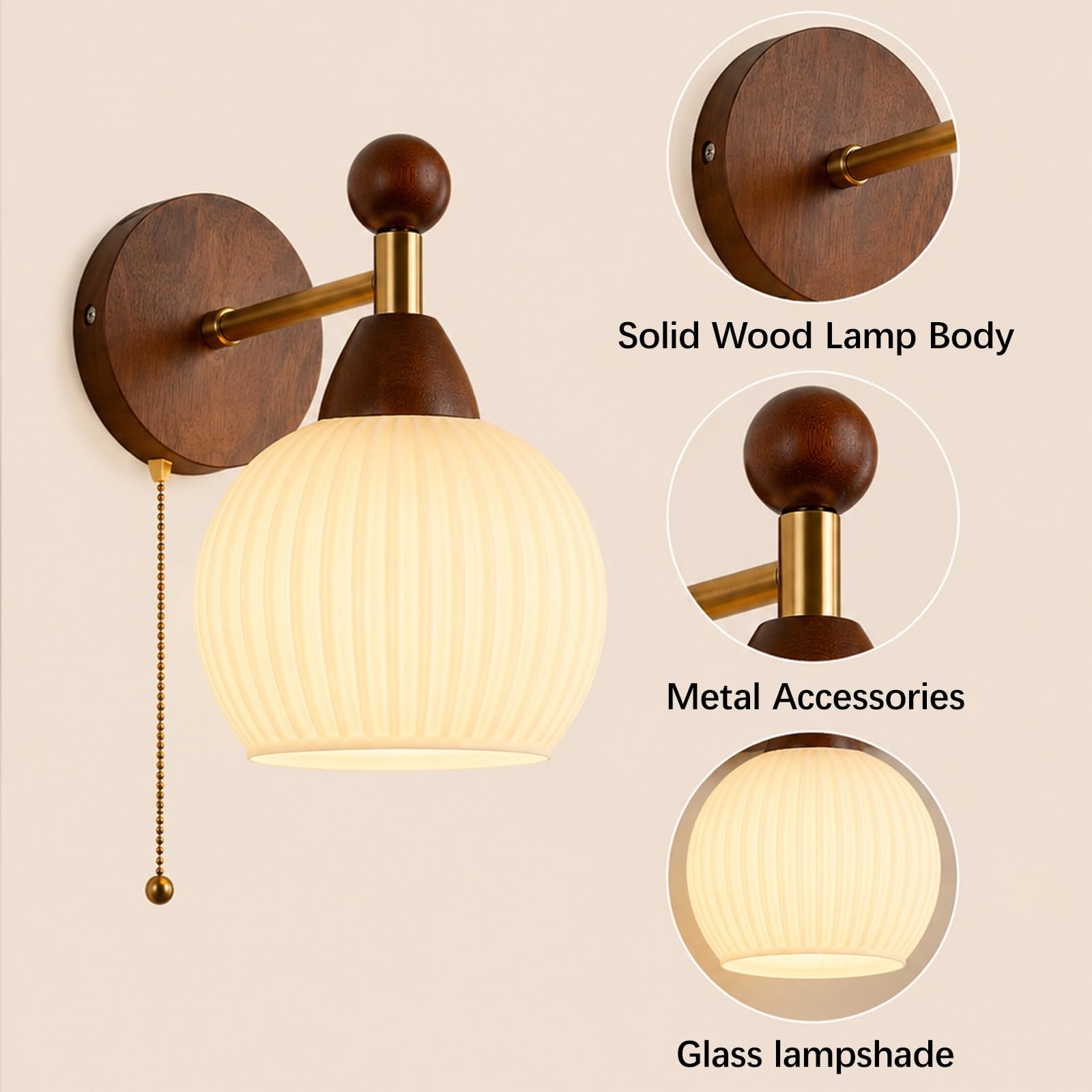 Jadssox Drewniany Kinkiet Ścienny Z Przełącznikiem Na Łańcuszku, Lampa Do Montażu Na Ścianie W Stylu Vintage, Oprawa Ścienna Z Kloszem Ze Szkła Białego Mleka, Kinkiety Do Salonu W Sypialni
