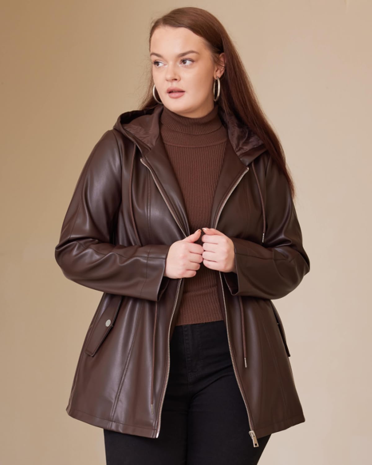 Women Faux Leather Jacket Plus Size Hooded Long Coat PU Motorcycle Moto Biker Jacket With Drawstring - Image 6