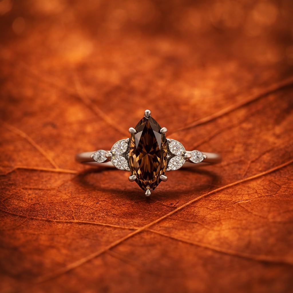 Marquise Cut Smoky Quartz Engagement Ring for Women 14K Rose Gold CZ Diamond Accent Ring Vintage Inspired Wedding Unique Promise Jewelry Gift for Her
