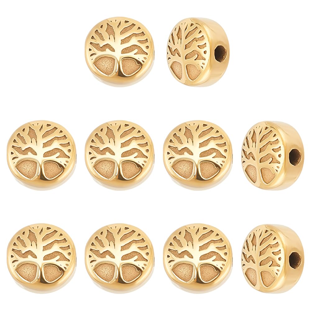 Perles rondes plates arbre de vie 10mm en acier inoxydable doré pour création de bijoux x10
