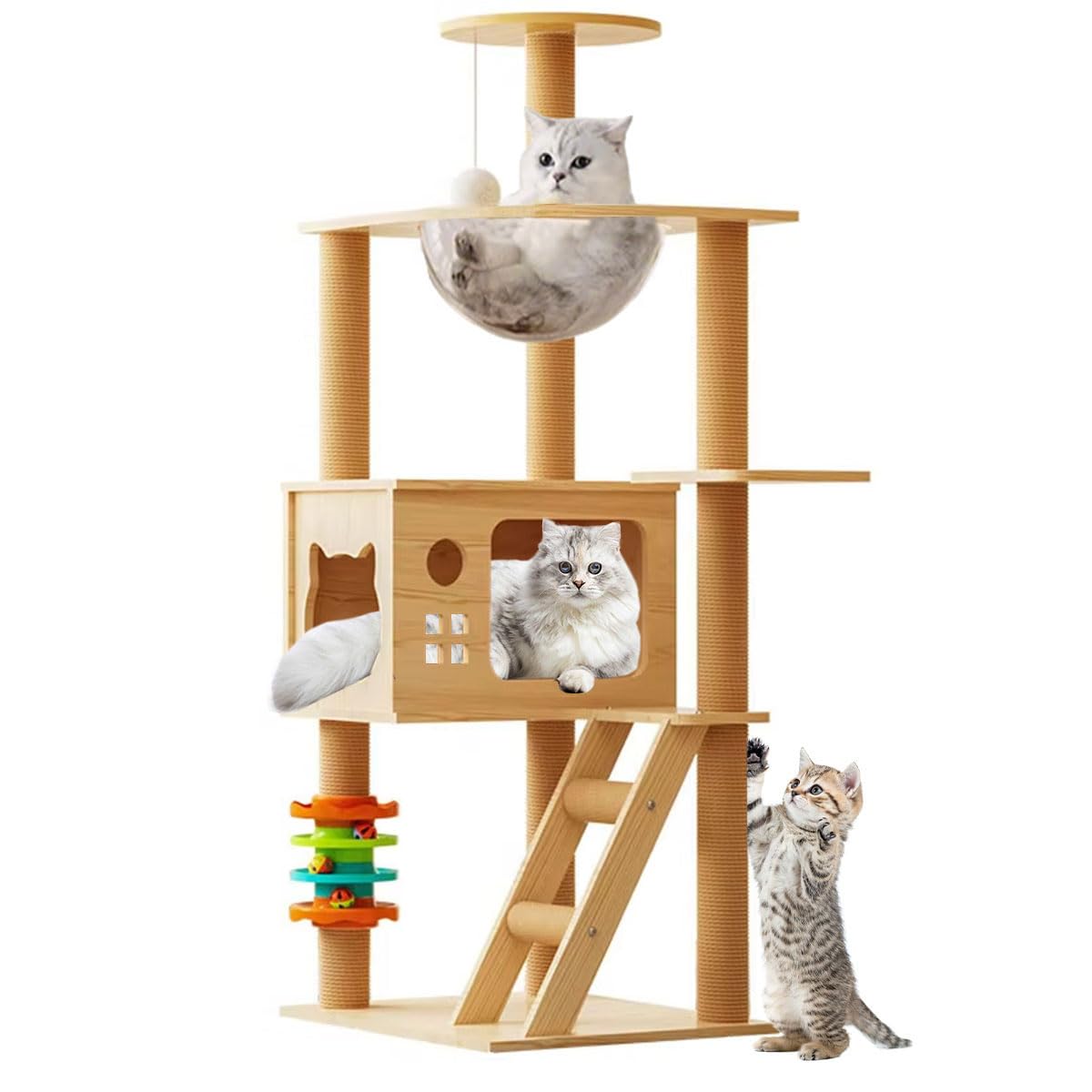 Gluckluz Cat Tree House Tower Sisal Rope Scratching Post Pet Climber Scratcher Condo with Interactive Toy for Adult Cat Kitten Indoor Play Sleeping Activity (Beige)