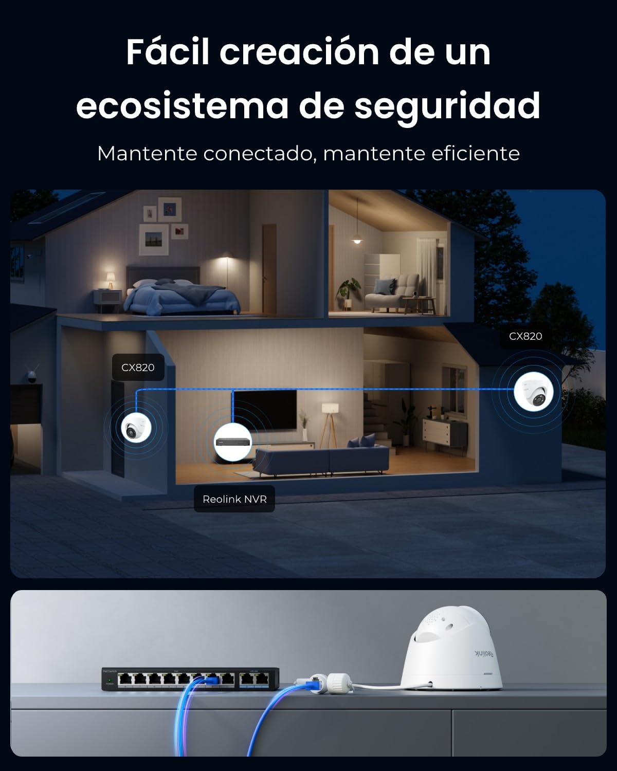 Reolink cámara PoE 4K UHD, Auténtica Visión Nocturna en ColorX, HDR, CX820 | Apertura F1.0, Sensor de Imagen 1/1.8'', Detección de Persona/Vehículo/Animal, Alarma con Foco y Sirena y diálogo de 2 vías