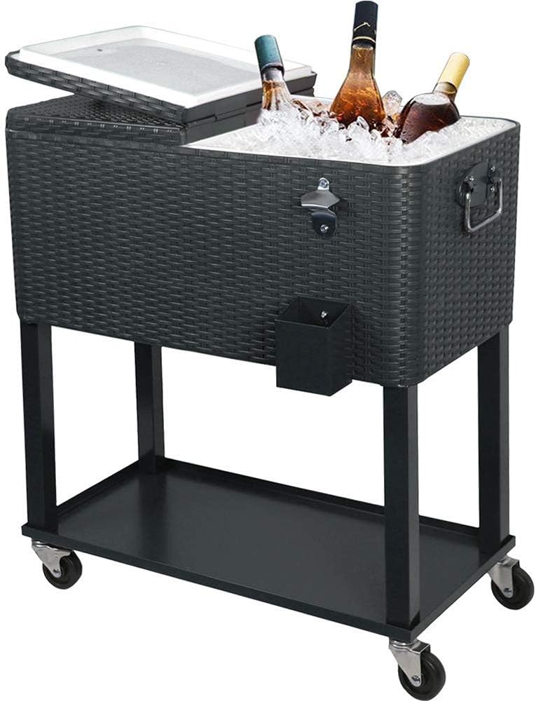 80 Quart Rolling Outdoor Patio Cooler Cart on Wheels, Wicker Pattern Portable Drink Beverage Bar for Patio Pool Party, Ice Chest with Shelf and Bottle Opener, Grey