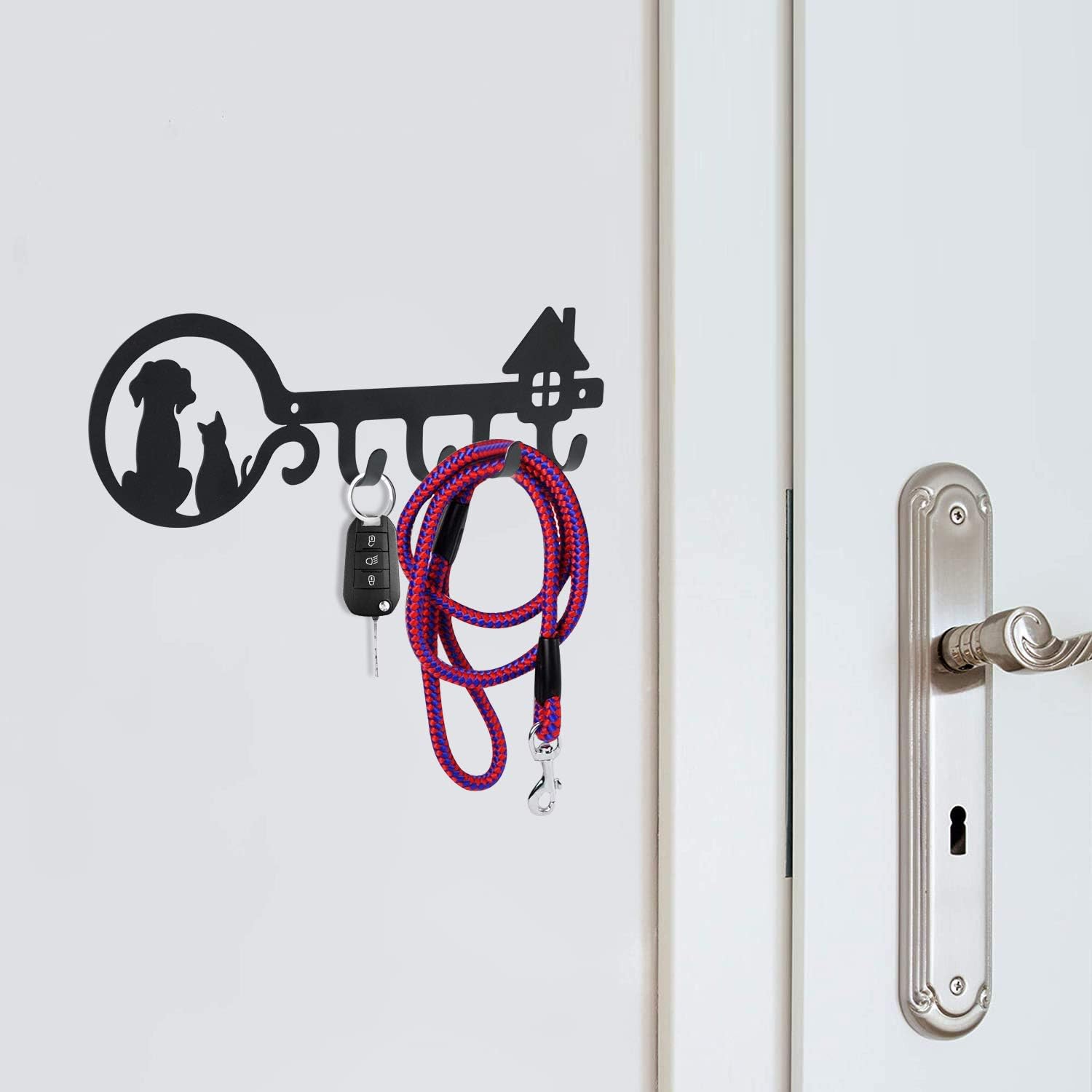 UptoBillions Decorative Wall Mounted Iron Key Holder for Wall, 11 inch with 4 Key Hooks Organizer for car or House Keys, Key Rack with Screws and Anchors (Cat and Dog, Black)