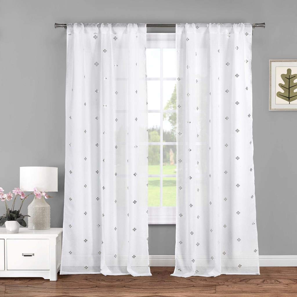 DuckLala + Bash Becca Metallic Clover Pole Top Window Curtain Drapes for Bedroom, Livingroom, Kids Room, Children, Nursery-Assorted Colors-Set of 2 Panels, 38 x 84 Inch, White & Silver