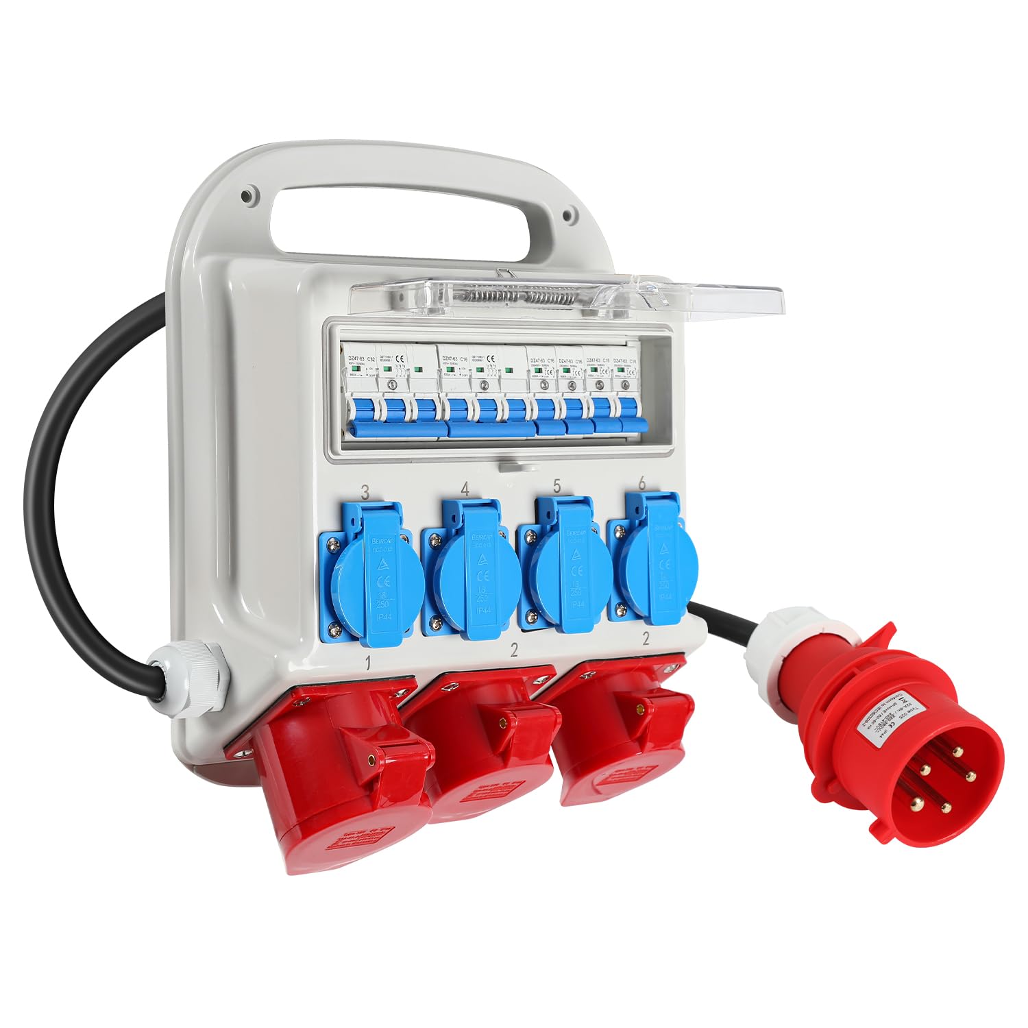 Distributore di corrente da costruzione, 2 x CEE 400 V/16 A, 1 x CEE 400 V/32 A, 4 x 230 V, con interruttore automatico, con cavo di alimentazione da 1,2 m, per cantieri