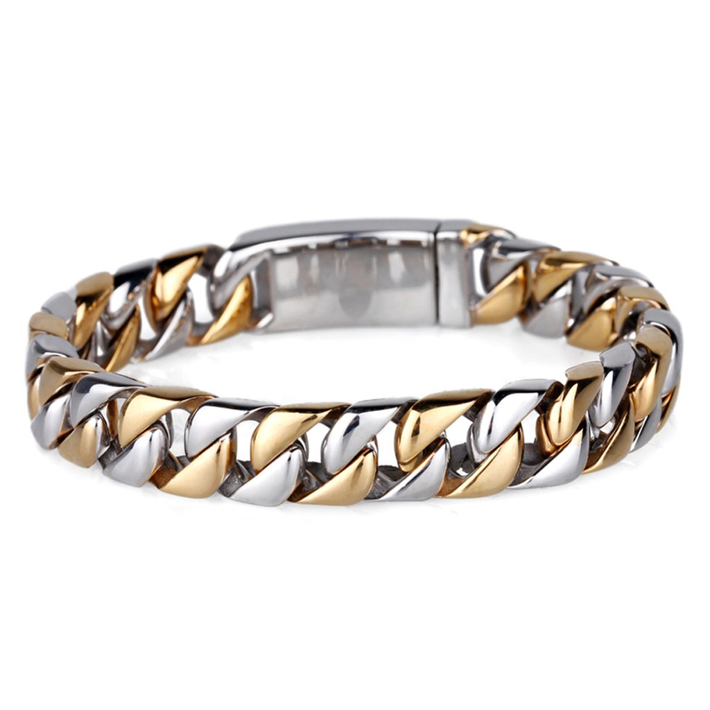 MASOP Gift for Him Men's Stainless Steel Curb Link Chain Bracelet Silver Gold Two Tone 8.5"