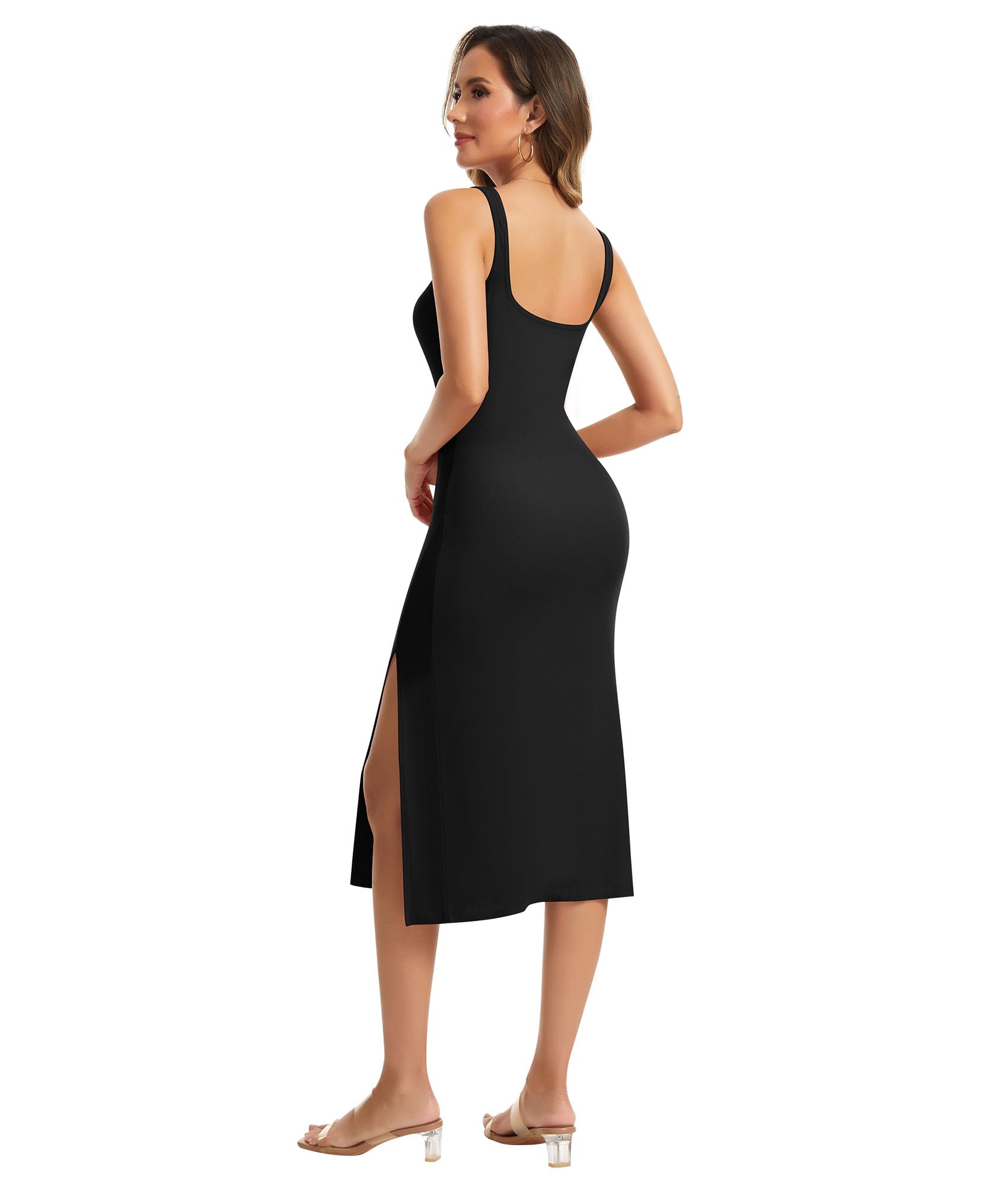 SHAPERIN Robe Longue Fendue pour Femme Robe Moulante à Col Carrée Robes Courtes sans Manches Midi Robes de Soirée Club Cocktail