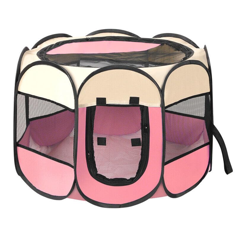 KNWER CLOTHING Portable Pet Playpen, Foldable Dog Cat Cage Indoor Puppy Play Pen, Breathable Mesh Pet Carrier Kennel Soft Tent For Large Dogs Travel Puppies Playpens (Pink/Beige, 91 * 91 * 58 cm)